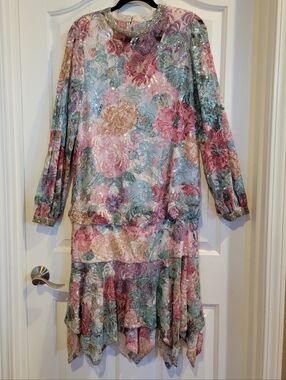 Multi-Color Floral Sequin and Beaded Drop-Waist Formal Dress, Medium